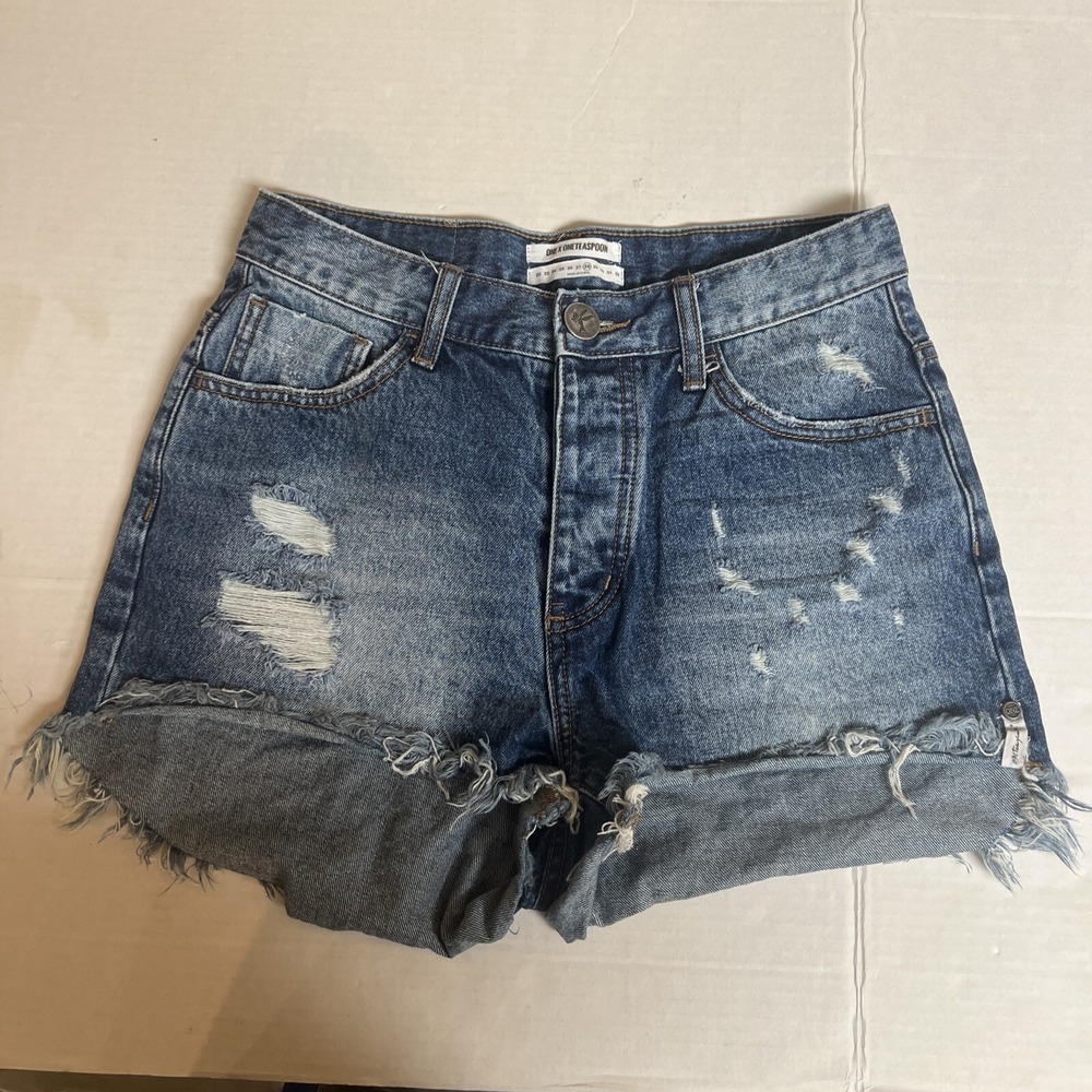 ONE X ONE Teaspoon Denim Shorts Raw Hem Cutoffs Size 28 Distressed Button Fly